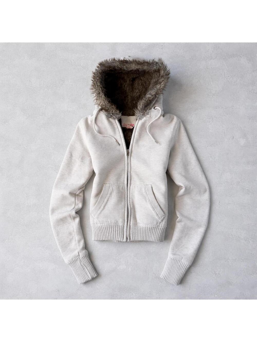 Vintage Y2K Cream Faux Fur Lined Cropped Grunge Hoodie